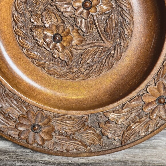 Vintage Hand Carved Wooden Charger Bowl/Plate Floral Folk Art Rustic Boho 14” - Picture 5 of 10